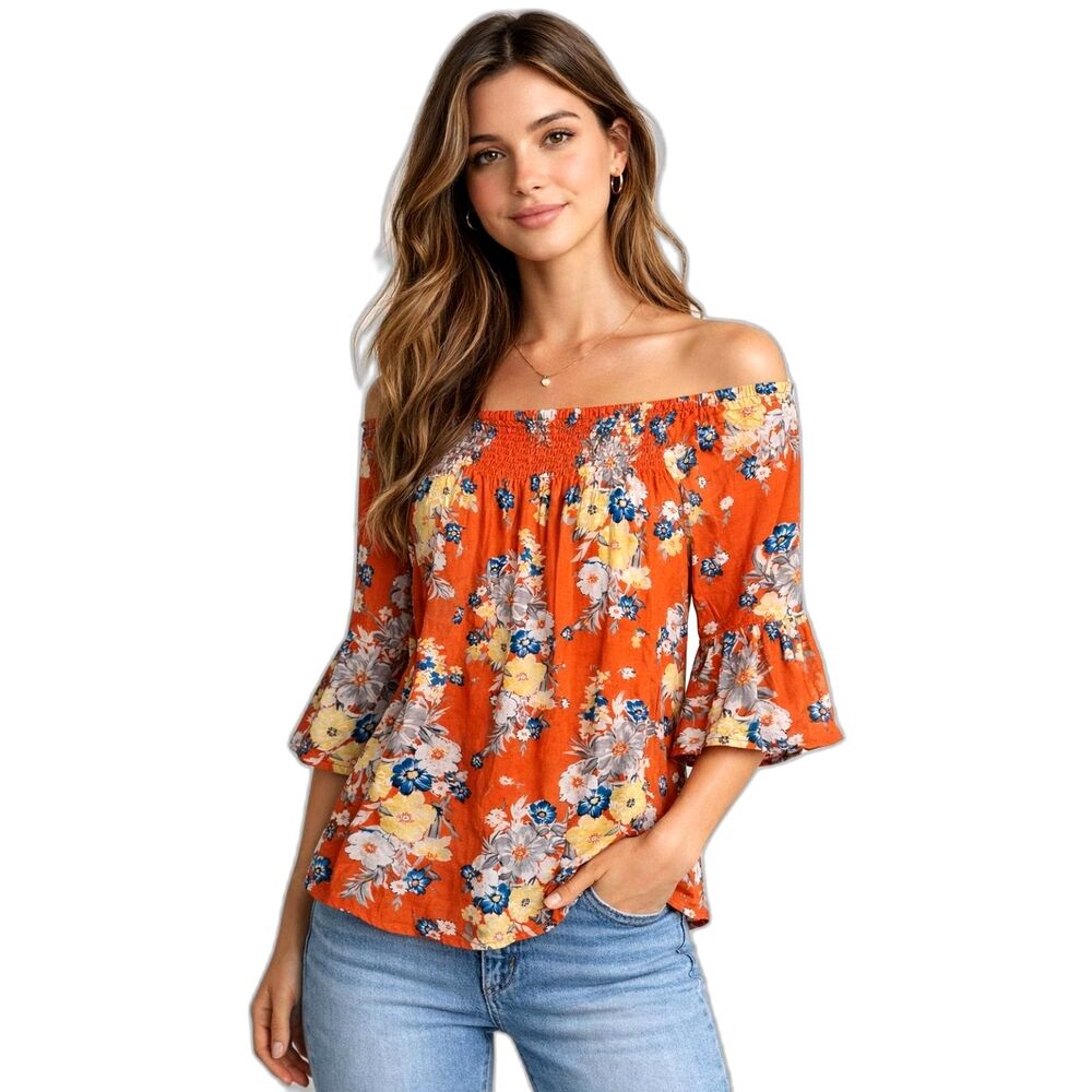 BeachLunchLounge Women's Small Ellora Orange Floral Bell Sleeve Blouse Top